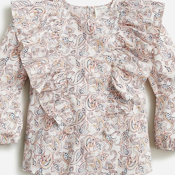 JCrew Crewcuts Girls' cotton poplin ruffle top Ivory paisley long-sleeve XS NWT - Picture 1 of 4